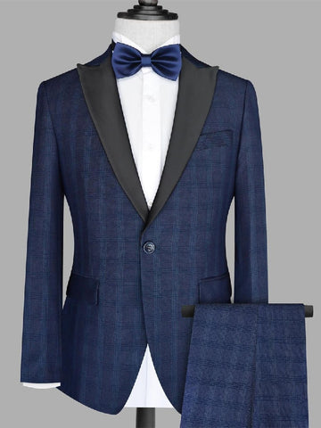 Dark Navy Men' s Suit 2 Pieces Blazer Pants One Button Black Satin Lapel Jacket Fashion Tuxedo Business Modern Wedding Groom