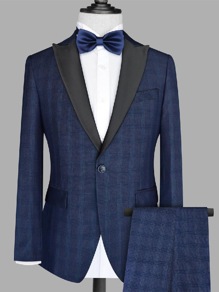 Costume homme bleu marine foncé 2 pièces blazer pantalon un bouton noir satin revers veste mode smoking affaires moderne mariage marié 