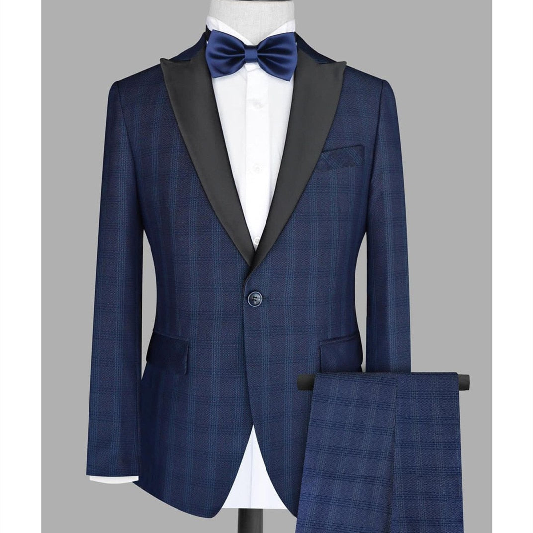 Costume homme bleu marine foncé 2 pièces blazer pantalon un bouton noir satin revers veste mode smoking affaires moderne mariage marié 