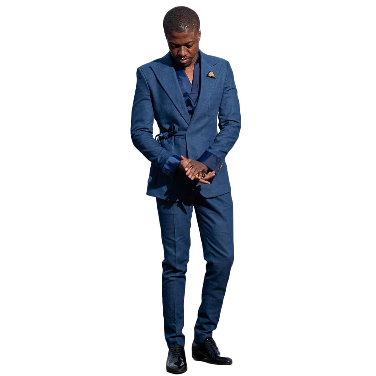 Dark Navy Men's Suits Tailored 2 Pieces Blazer Pants Peaked Lapel With Belt Slim Fit Denim Wedding Groom Custom Made Plus Size