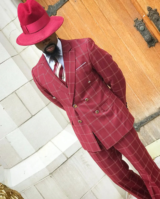 Elegant Dark Red Checked Men's Suit - Slim Fit Double Breasted Blazer & Trousers Set for Weddings and Formal Events