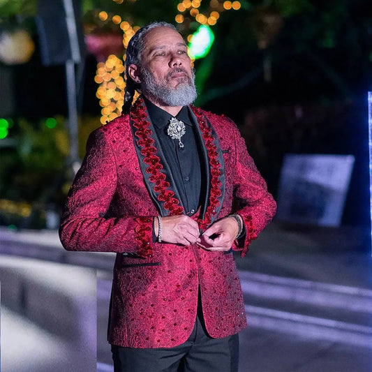 Dark Red Groom Wear Men Wedding Tuxeods 3D Flowers Shawl Lapel Jacket With Black Pants 2 Piece Business Prom Party Suits