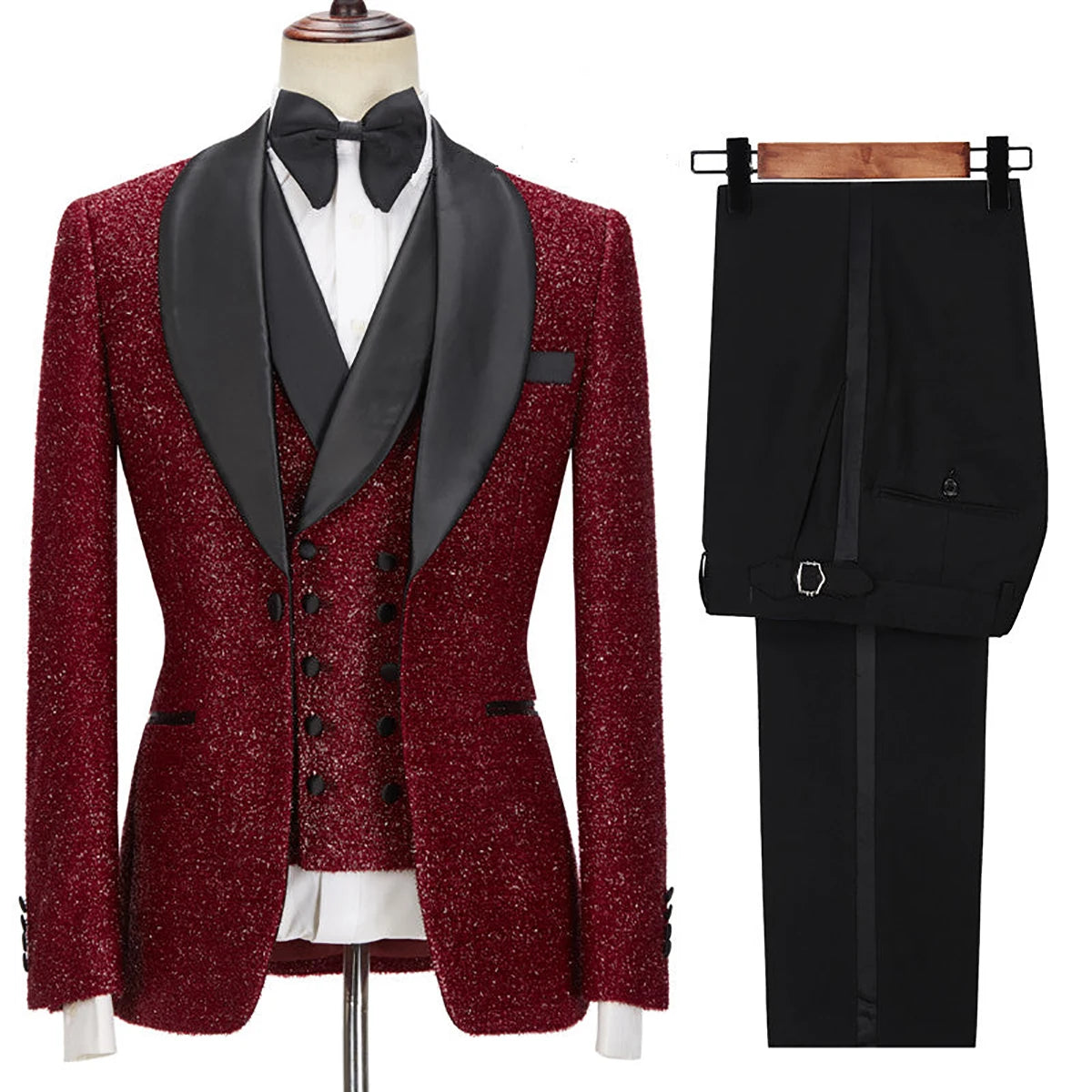 Dark Red Sequined Men Wedding Tuxedos Shawl Lapel Groom Wear Slim Fit Jacket Suits Custom Made Prom Party Pants Coat 3 Pieces