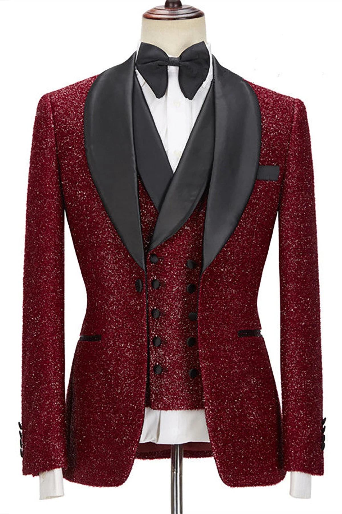 Smoking de mariage rouge foncé à paillettes pour homme, revers châle, coupe slim, veste, pantalon, manteau, sur mesure, pour bal de promo, 3 pièces