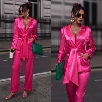 Deep V Neck Women Suits 2 Pieces Gorgeous Full Sleeve Jacket Wide Leg Pants Custom Made Evening Gowns