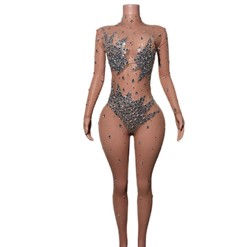 Sparkling Rhinestone Sheer Bodysuit for Women - Elegant Stretchy Jumpsuit for Evening, Parties, and Dancer Outfits