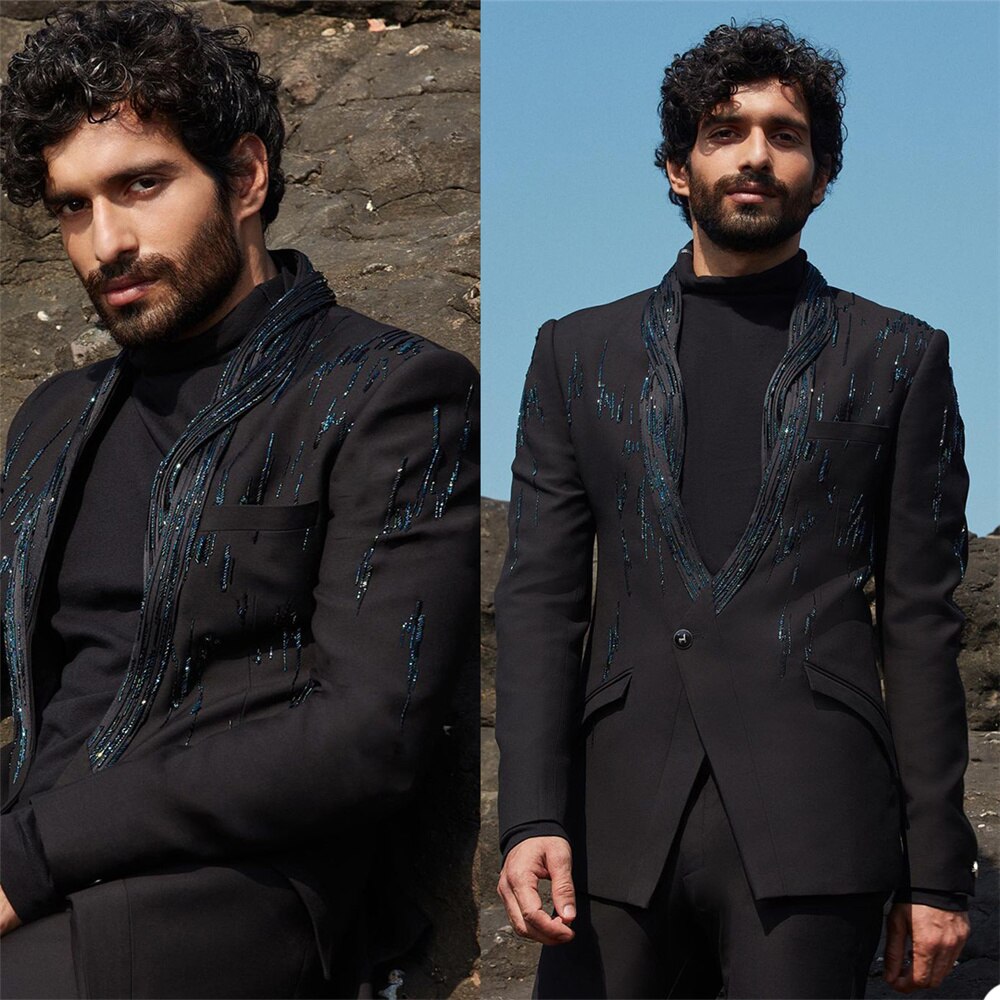 Smoking de mariage noir personnalisé pour homme, coupe slim, avec perles, pour dîner, bal, soirée (veste + pantalon) 