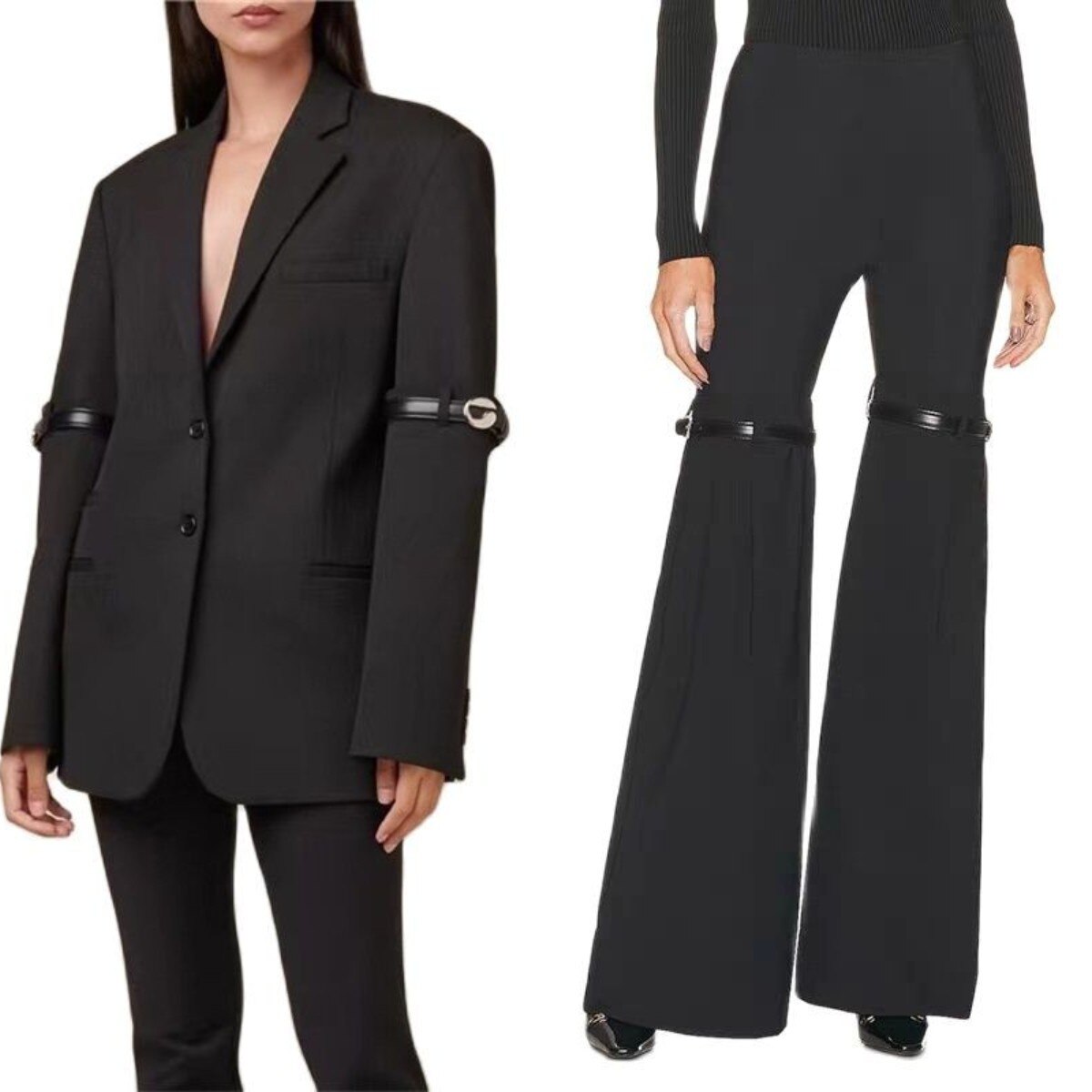 Designer Black Women Suits Set 2 Pieces Jacket+Flare Pants Belt Buckle Blazer+Elastic Waist Trousers Haute Couture