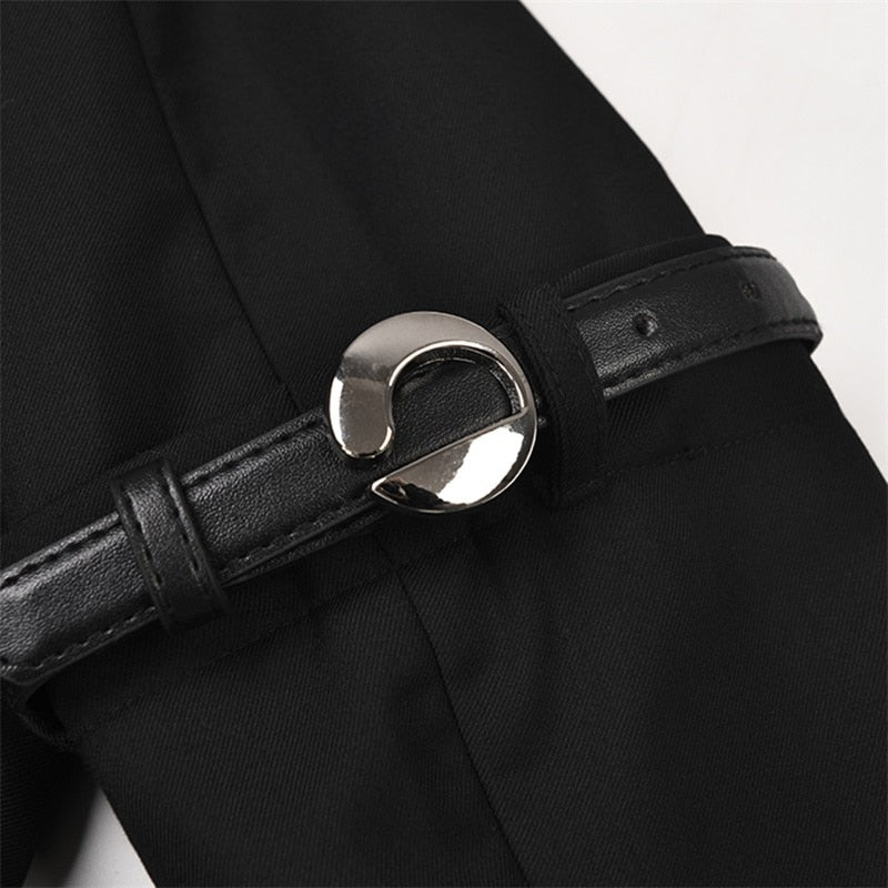Ensemble 2 pièces noir pour femme, veste + pantalon évasé, ceinture, blazer + pantalon taille élastique, haute couture 