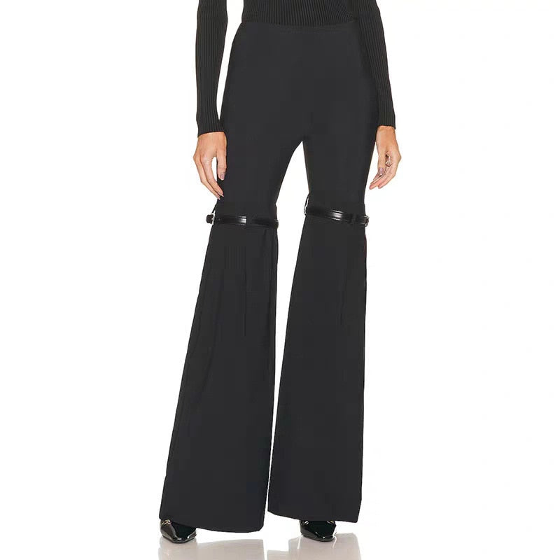 Ensemble 2 pièces noir pour femme, veste + pantalon évasé, ceinture, blazer + pantalon taille élastique, haute couture 