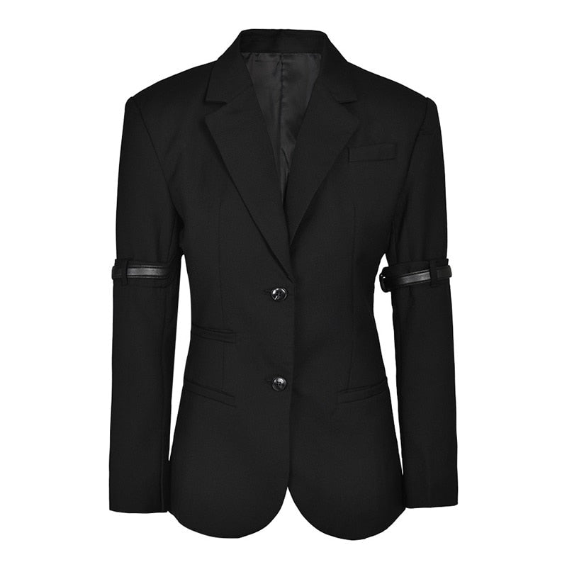 Ensemble 2 pièces noir pour femme, veste + pantalon évasé, ceinture, blazer + pantalon taille élastique, haute couture 