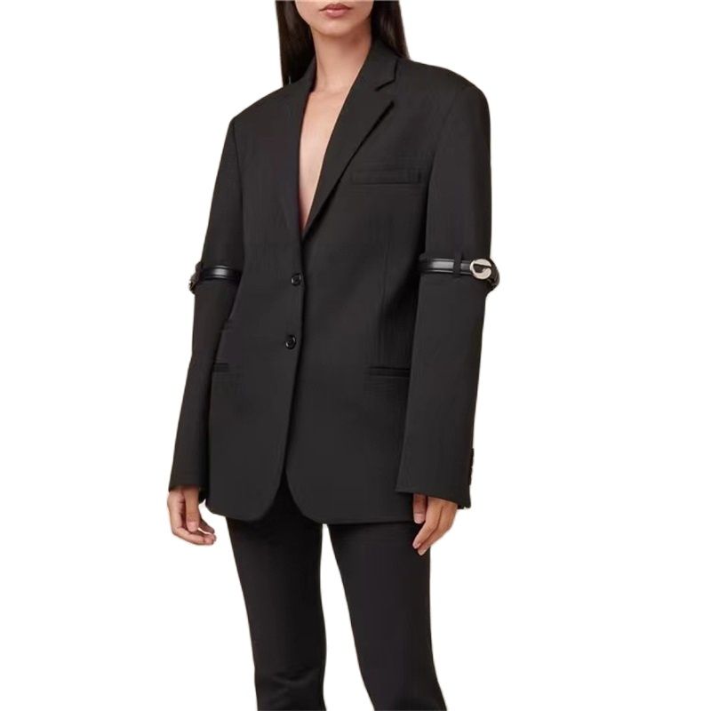 Ensemble 2 pièces noir pour femme, veste + pantalon évasé, ceinture, blazer + pantalon taille élastique, haute couture 