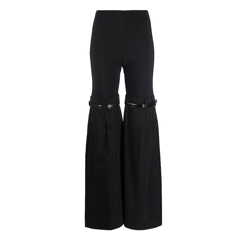Ensemble 2 pièces noir pour femme, veste + pantalon évasé, ceinture, blazer + pantalon taille élastique, haute couture 