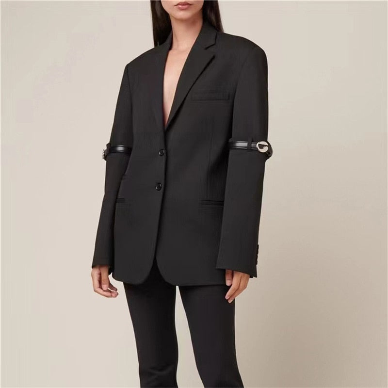 Ensemble 2 pièces noir pour femme, veste + pantalon évasé, ceinture, blazer + pantalon taille élastique, haute couture 