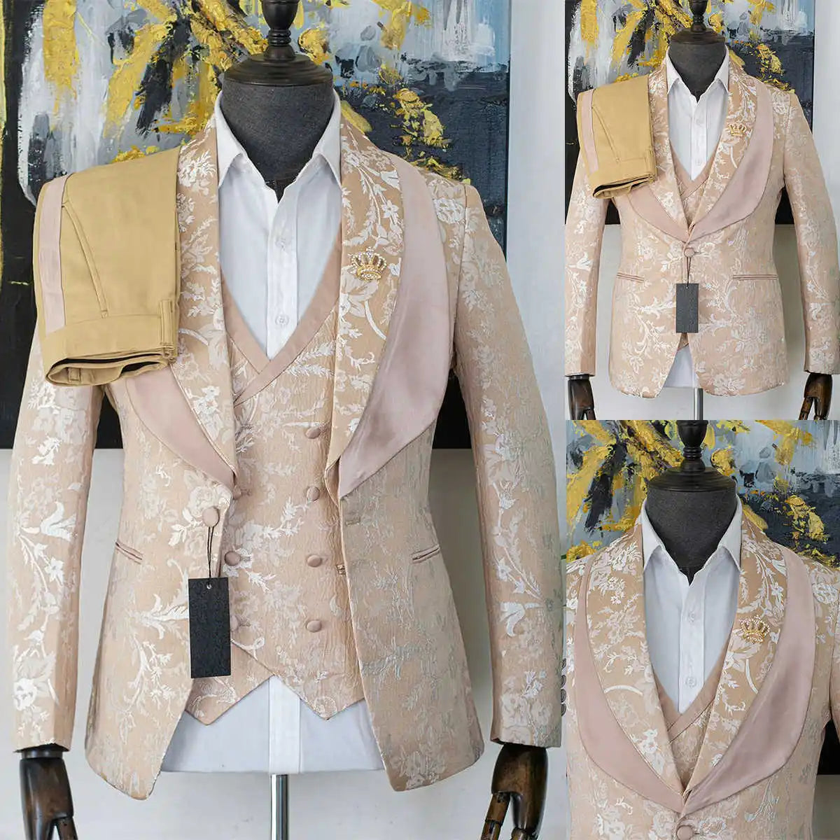 Esmoquin personalizado para hombre, apliques, solapa chal, para novio, cena, fiesta, boda, blazer, 3 piezas