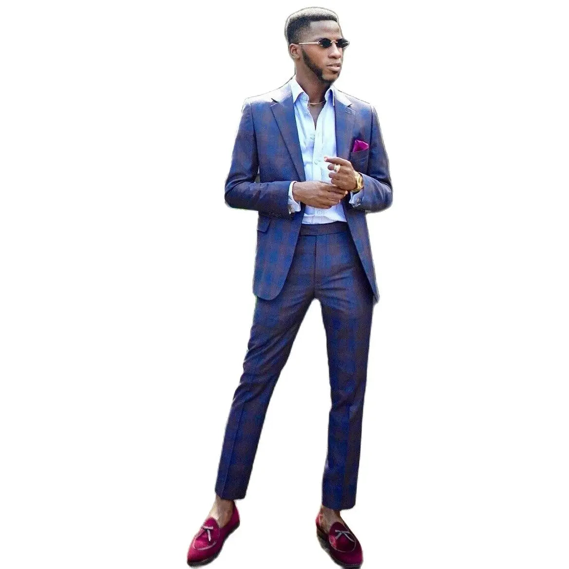 Checked Men's Suit One Button Male Blazer Sets Slim Fit Tuxedos Jacket and Pants Notched Lapel Wedding Groom Wear