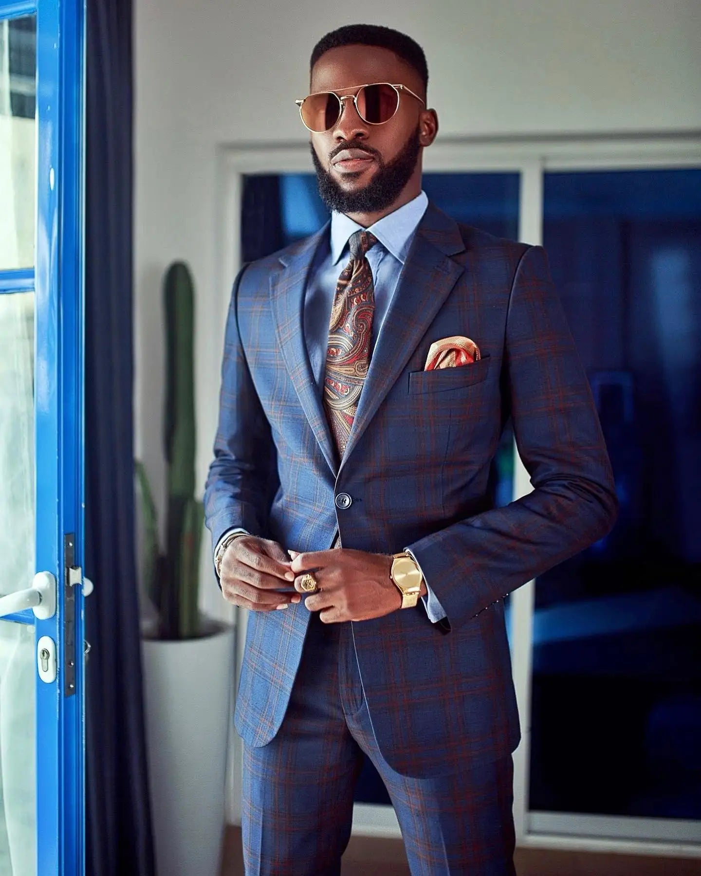 Checked Men's Suit One Button Male Blazer Sets Slim Fit Tuxedos Jacket and Pants Notched Lapel Wedding Groom Wear