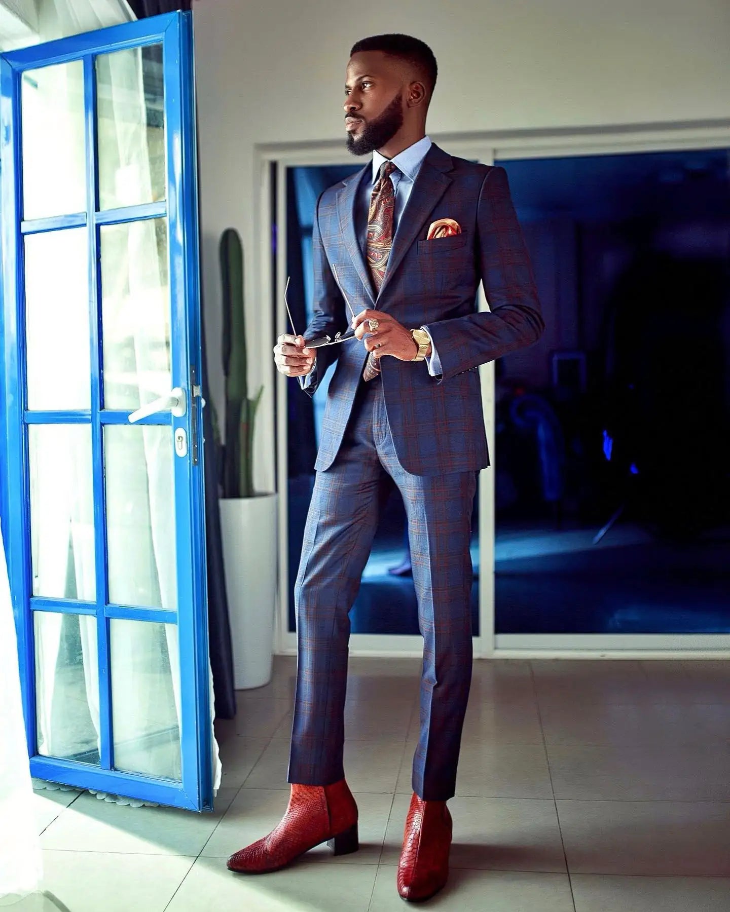 Checked Men's Suit One Button Male Blazer Sets Slim Fit Tuxedos Jacket and Pants Notched Lapel Wedding Groom Wear