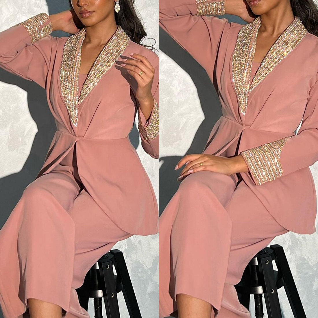 Ensemble 2 pièces pour femme, pantalon et blazer à manches longues et paillettes dorées, coupe droite et ample, style streetwear 