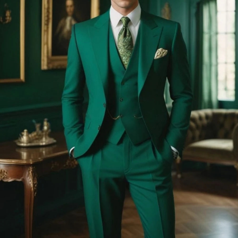 Costume trois pièces vert élégant pour homme - Ensemble gilet et pantalon de smoking sur mesure pour mariages et occasions spéciales