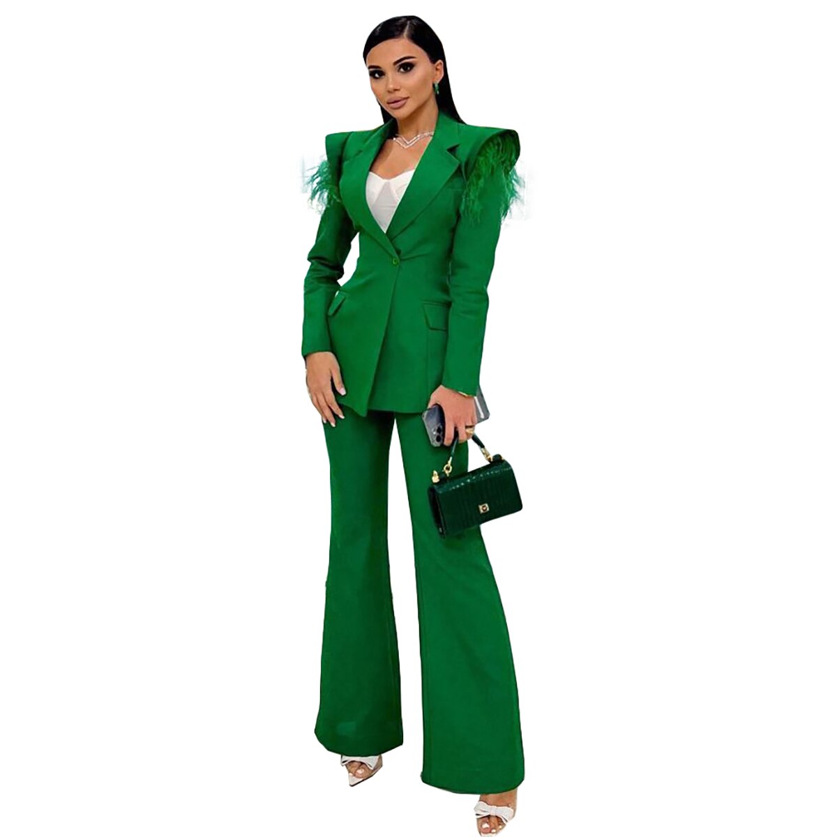 Designer Green Women Pants Suits With Shoulder Pads Long Sleeve Top Straight Slim Blazer Sets High Streetwear 2 Pieces