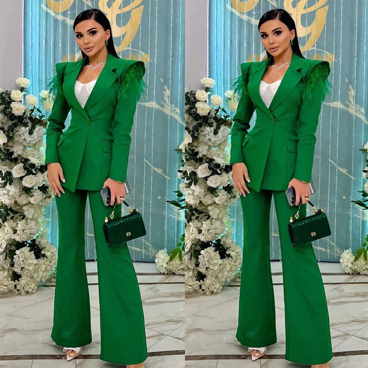 Designer Green Women Pants Suits With Shoulder Pads Long Sleeve Top Straight Slim Blazer Sets High Streetwear 2 Pieces
