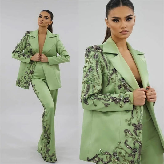 Designer Green Women Suits Set Luxury Beads Appliques Formal Wedding Evening Party Prom Dress 2 Pieces Blazer+Pants Custom Made