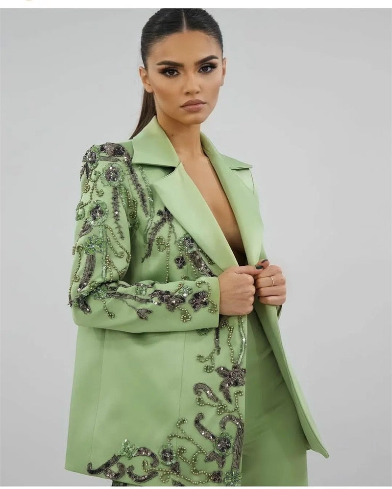 Designer Green Women Suits Set Luxury Beads Appliques Formal Wedding Evening Party Prom Dress 2 Pieces Blazer+Pants Custom Made