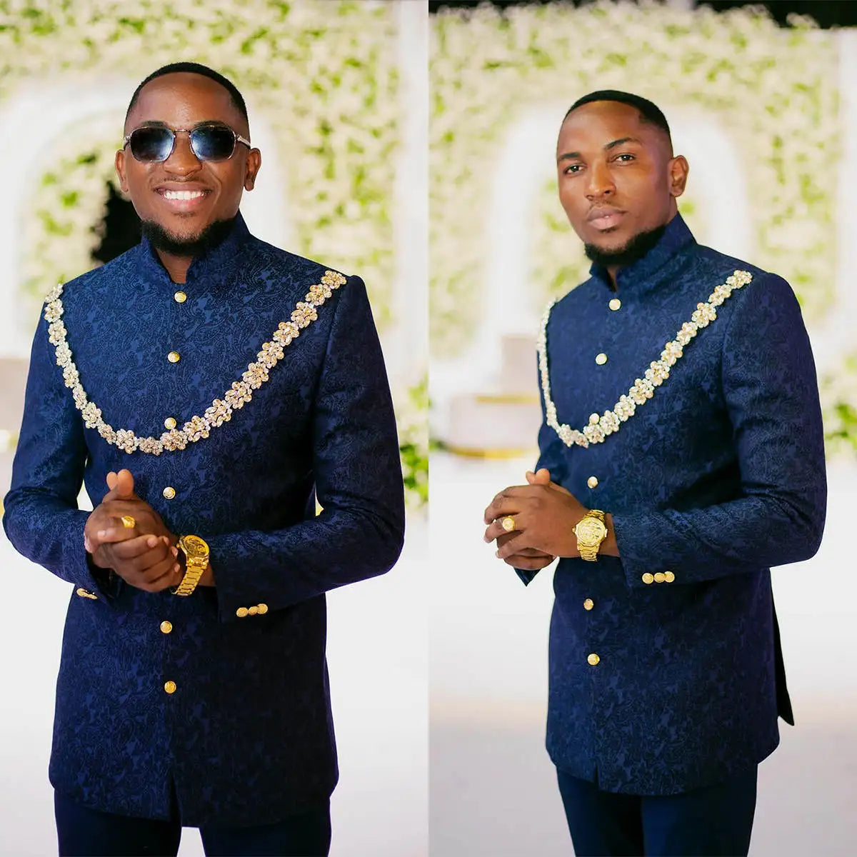 Men Wedding Suits Stand Lapel Crystal Floral Jacquard Tuxedos Groom Party 2 Pcs Blazer Pants Customized Suit