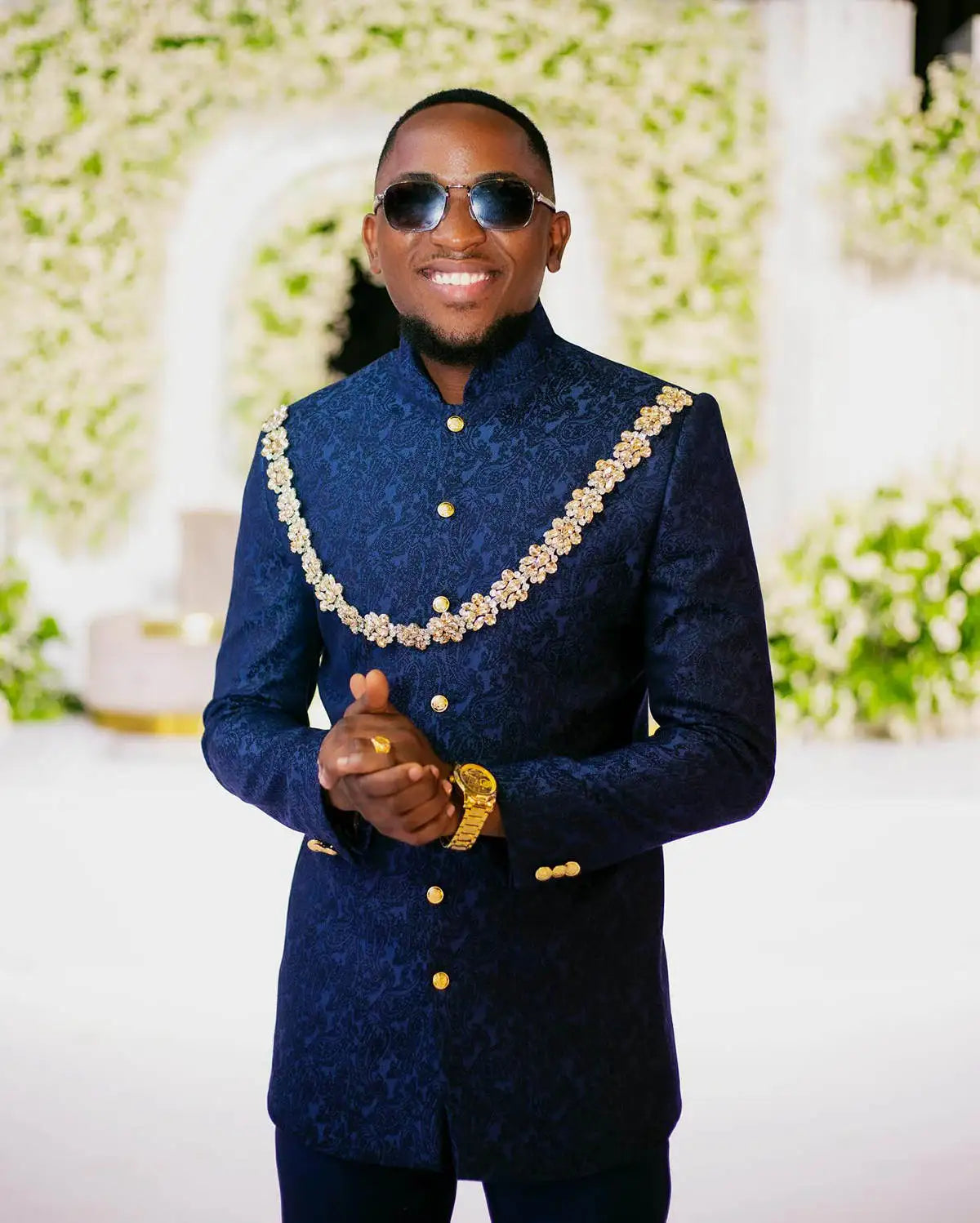 Men Wedding Suits Stand Lapel Crystal Floral Jacquard Tuxedos Groom Party 2 Pcs Blazer Pants Customized Suit