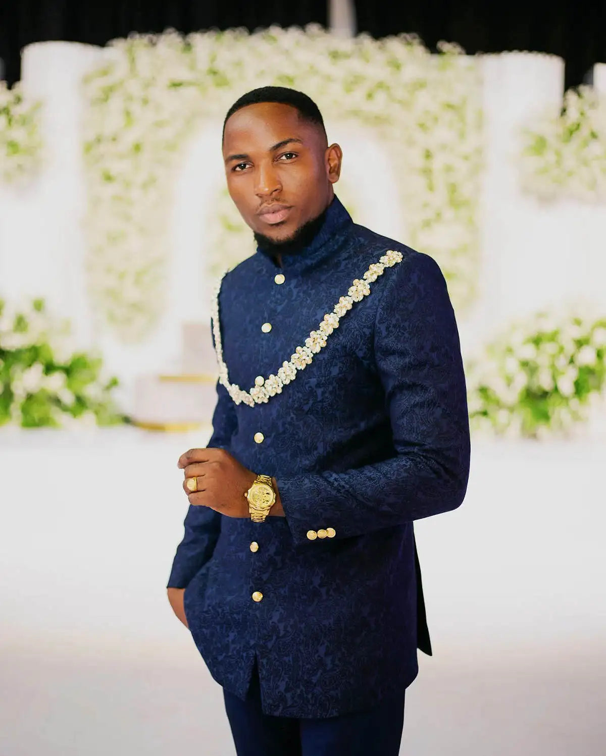 Men Wedding Suits Stand Lapel Crystal Floral Jacquard Tuxedos Groom Party 2 Pcs Blazer Pants Customized Suit