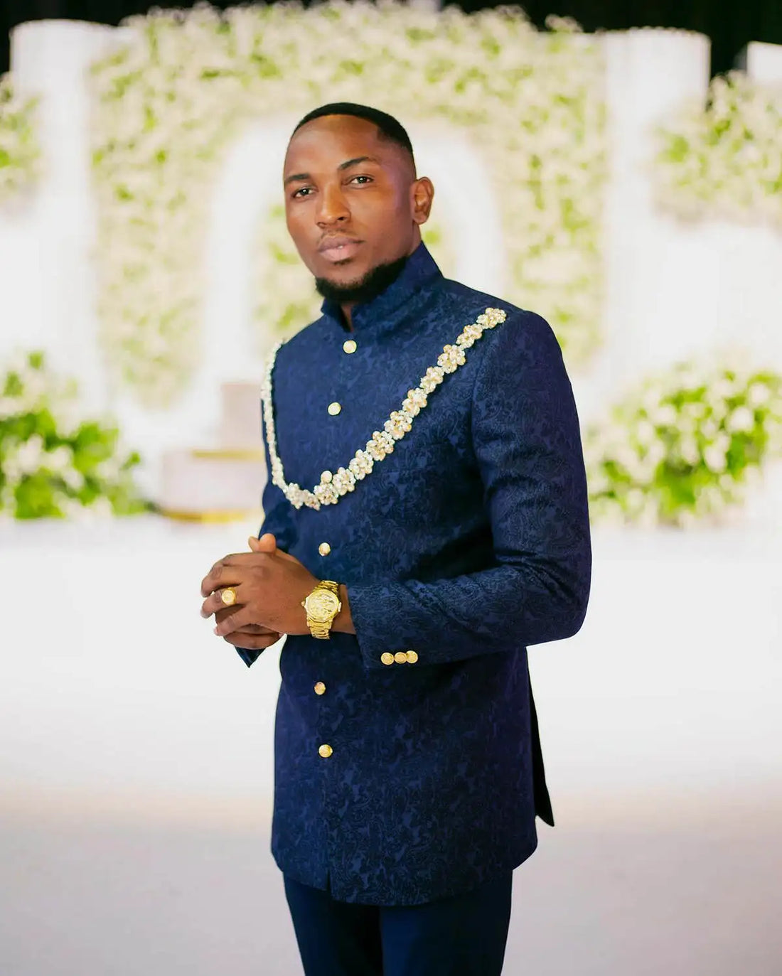Men Wedding Suits Stand Lapel Crystal Floral Jacquard Tuxedos Groom Party 2 Pcs Blazer Pants Customized Suit