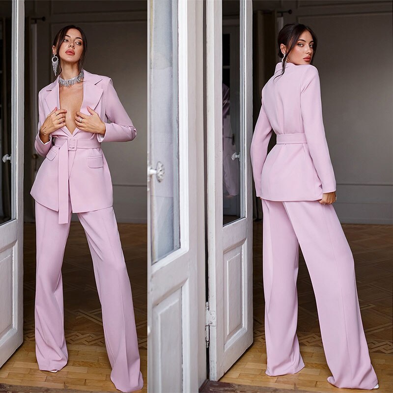 Designer Pink 2 Pieces Mother of the Bride Pant Suits Formal Office Lady Blazer Wear Prom Party Business Outfits With Belt