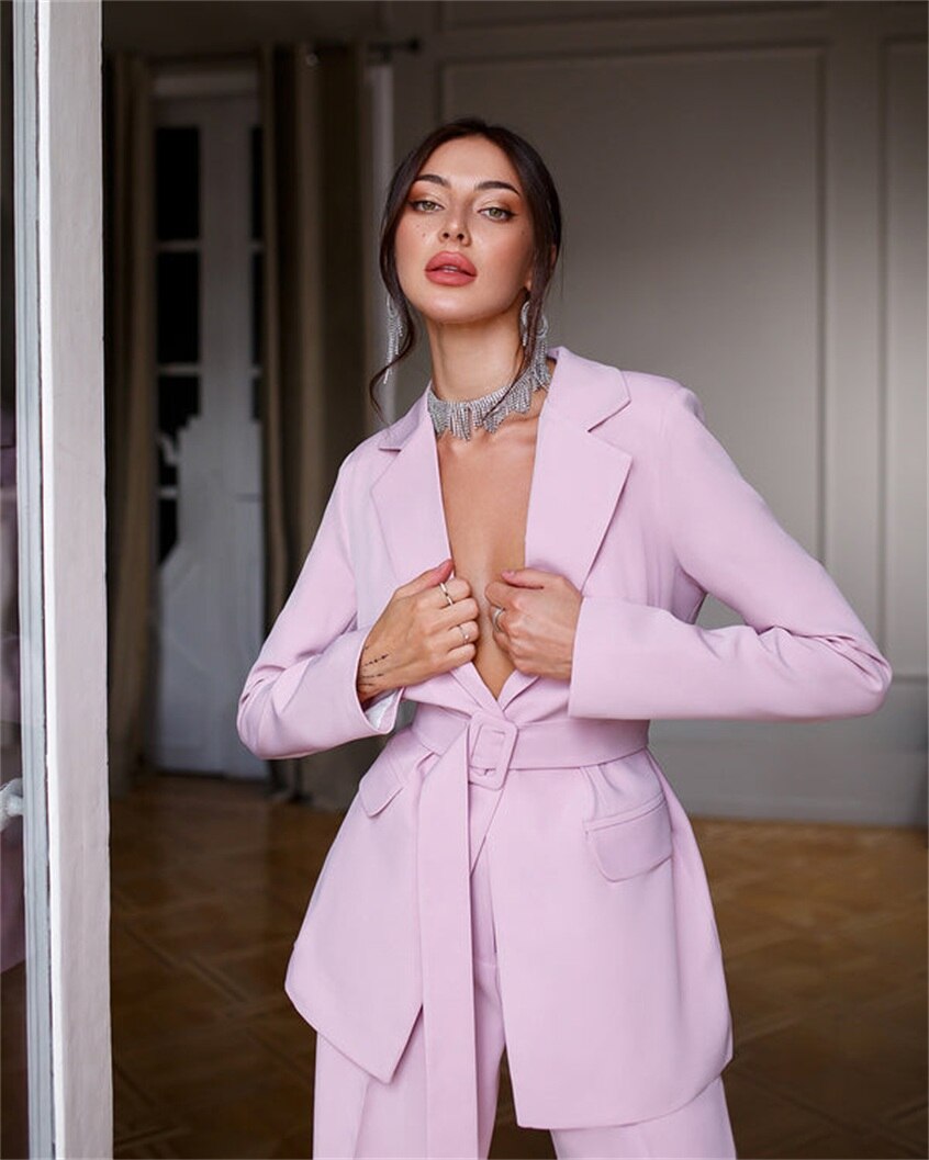 Designer Pink 2 Pieces Mother of the Bride Pant Suits Formal Office Lady Blazer Wear Prom Party Business Outfits With Belt