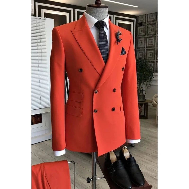 Costume de créateur rouge, rose et blanc pour homme, à revers pointus, croisé, sur mesure, pour mariage, marié, bal de promo