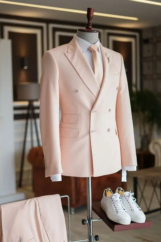Costume de créateur rouge, rose et blanc pour homme, à revers pointus, croisé, sur mesure, pour mariage, marié, bal de promo
