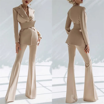 Women Suit Blazer+Flare Pants Set 2 Pieces Cotton Coat Jacket With Belt Party Prom Dress Custom Size