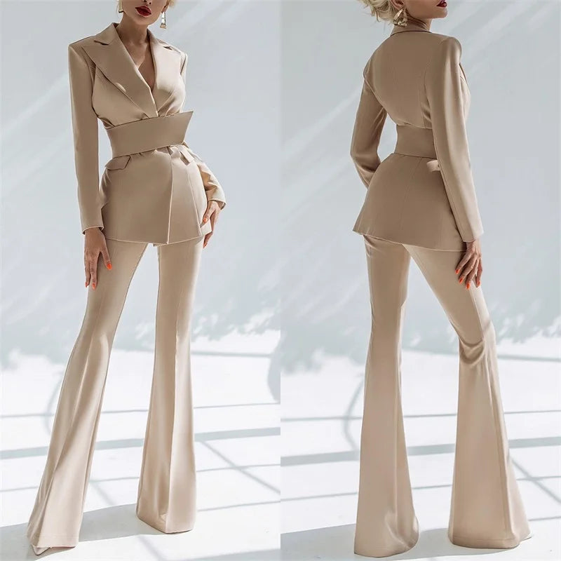 Conjunto de 2 piezas de chaqueta y pantalón acampanado para mujer, de algodón, con cinturón, para fiesta, graduación y talla personalizada.