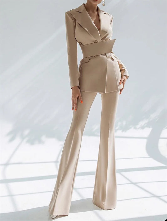 Women Suit Blazer+Flare Pants Set 2 Pieces Cotton Coat Jacket With Belt Party Prom Dress Custom Size