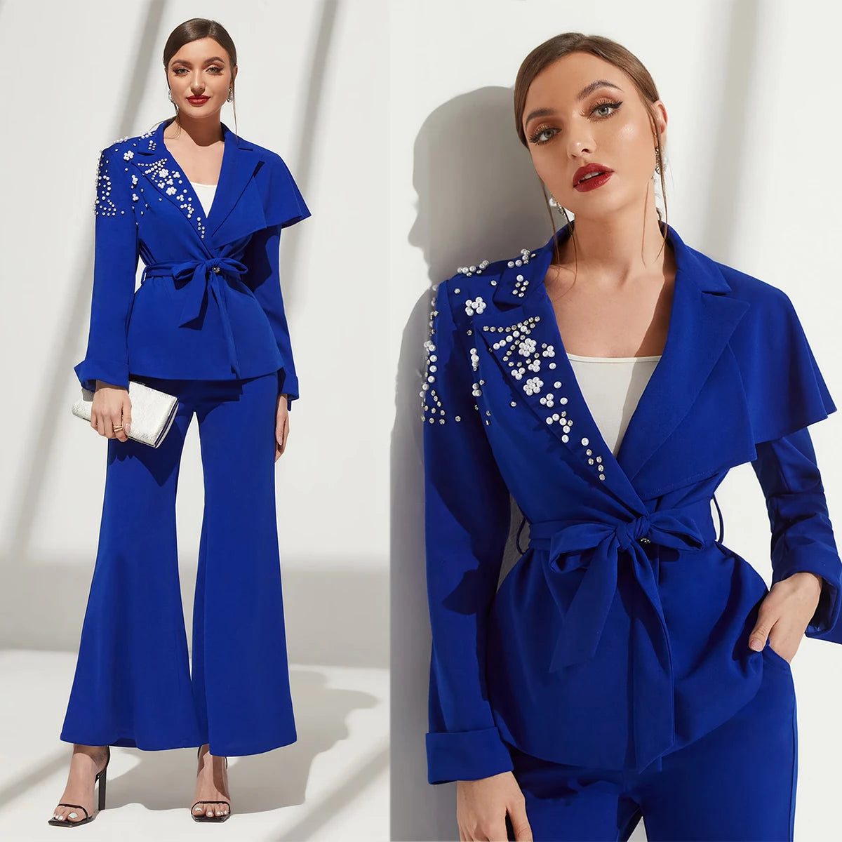 Stylish Blue Double-Breasted Beaded Blazer and Flared Pants Set - Elegant Women's Tuxedo Outfit with Belt, Custom Fit, Perfect for Special Occasions