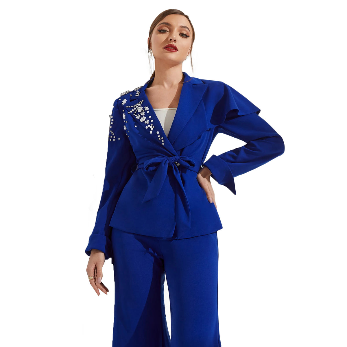 Blue Double-Breasted Beaded Blazer and Flared Pants Set for Women, Elegant Tuxedo Outfit with Belt, Custom Fit