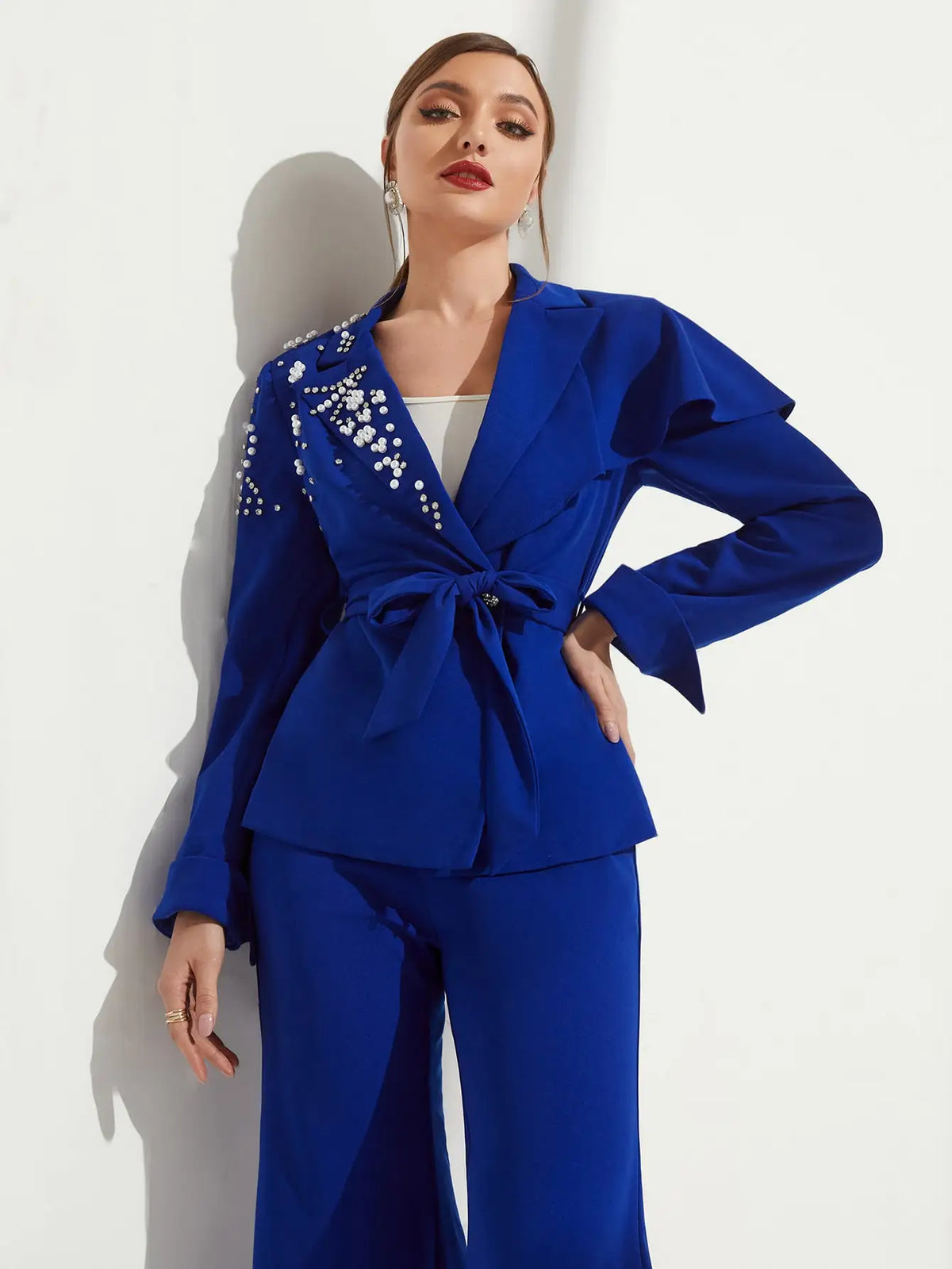 Blue Double-Breasted Beaded Blazer and Flared Pants Set for Women, Elegant Tuxedo Outfit with Belt, Custom Fit