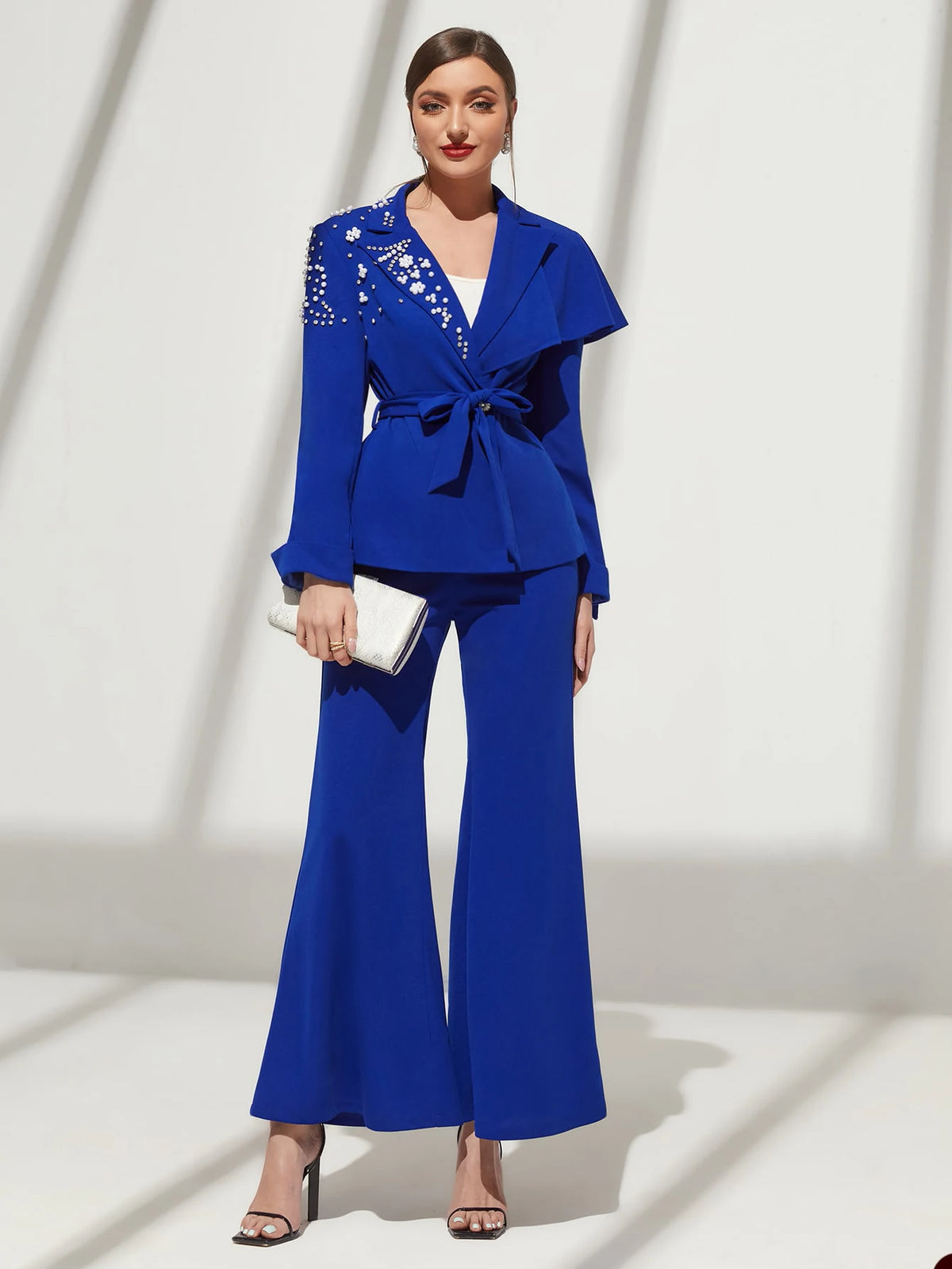 Blue Double-Breasted Beaded Blazer and Flared Pants Set for Women, Elegant Tuxedo Outfit with Belt, Custom Fit