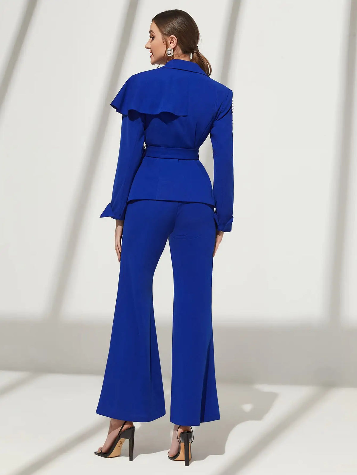 Blue Double-Breasted Beaded Blazer and Flared Pants Set for Women, Elegant Tuxedo Outfit with Belt, Custom Fit