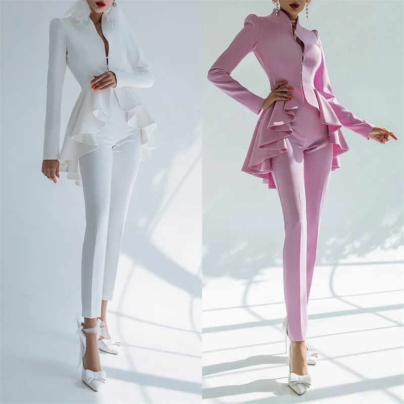 Designer Women Suits Pant Set Blazer+High Waist Trousers Tailored Made Wedding Tuxedo Prom Dress Ruffles Tiered Formal Jacket