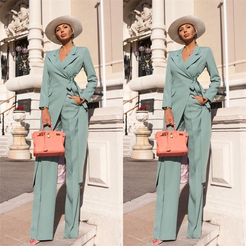 Designer Women Suits Set Blazer+Pants 2 Pcs Long Jacket With Belt Knee Length Coat Prom Dress Lace Up Party Gown Custom Made