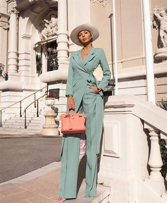 Designer Women Suits Set Blazer+Pants 2 Pcs Long Jacket With Belt Knee Length Coat Prom Dress Lace Up Party Gown Custom Made