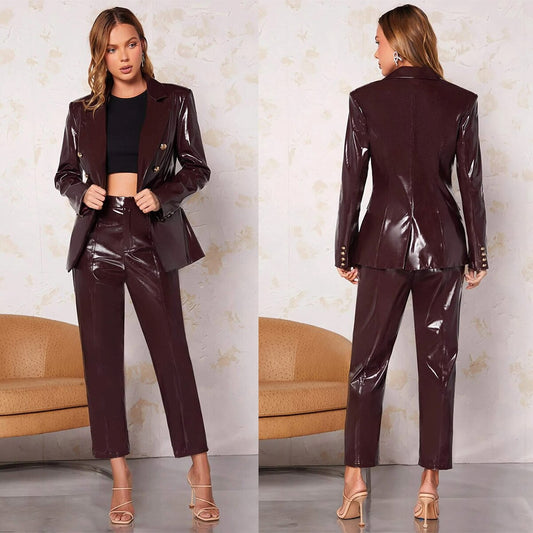 Desinger Leather Women Blazer Suits V Neck Evening Party Ladies Tuxedos For Wedding Two Pieces Jacket And Pants