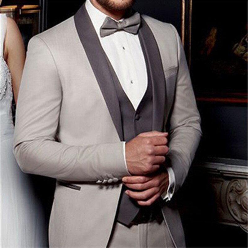 Trajes de boda a medida gris claro, 3 piezas (chaqueta, pantalón y chaleco), esmoquin informal, corte entallado, blazer tipo terno. 