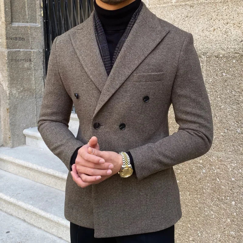Veste blazer croisée en laine marron pour homme avec revers en pointe et poches avant